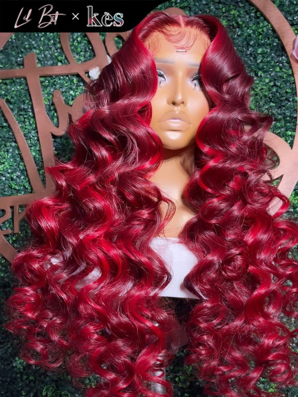 Kes x lilbit_collections 24 inch 5x5  Glueless human hair HD lace closure wigs 200% density loose wave wigs 99j and red highlight color