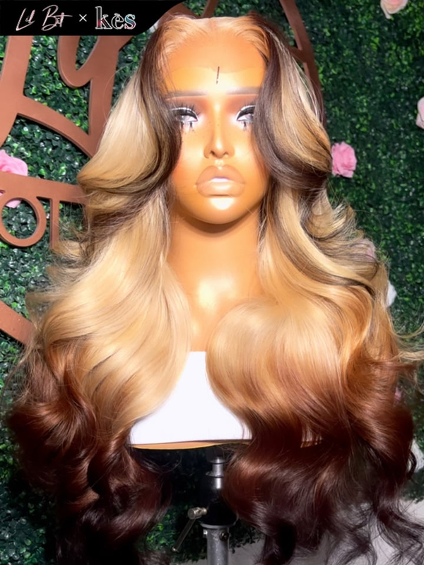 Kes x lilbit_collections 24 inch 5x5  Glueless human hair HD lace closure wigs 200% density body wave wigs brown and blonde ombre color