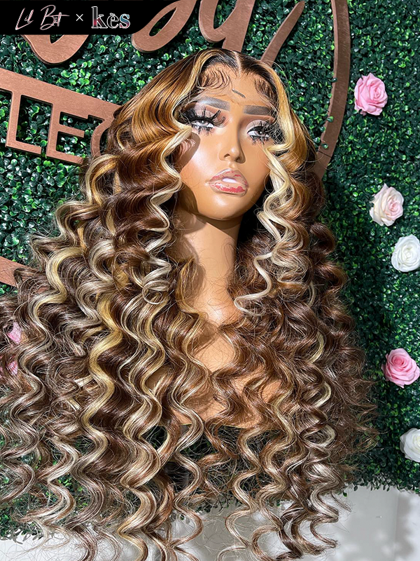 Kes x lilbit_collections 24 inch 5x5  Glueless human hair HD lace closure wigs 200% density loose wave wigs brown and blonde color