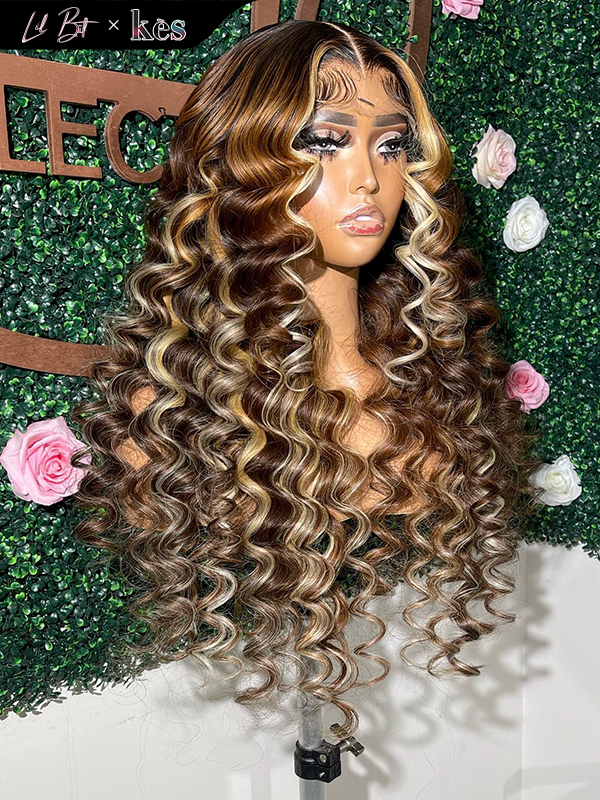Kes x lilbit_collections 24 inch 5x5  Glueless human hair HD lace closure wigs 200% density loose wave wigs brown and blonde color