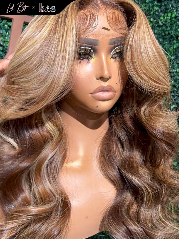Kes x lilbit_collections 22 inch 5x5  Glueless human hair HD lace closure wigs 200% density body wave wigs  brown and blonde ombre color