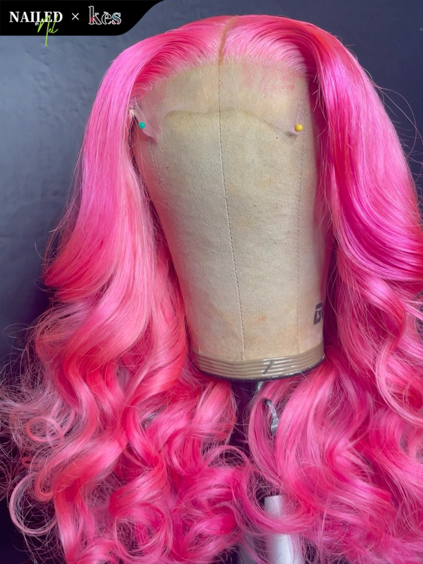 Kes x nailedby.nel 20 inch 5x5 Glueless human hair HD lace closure wigs 200% density body wave wigs pink color