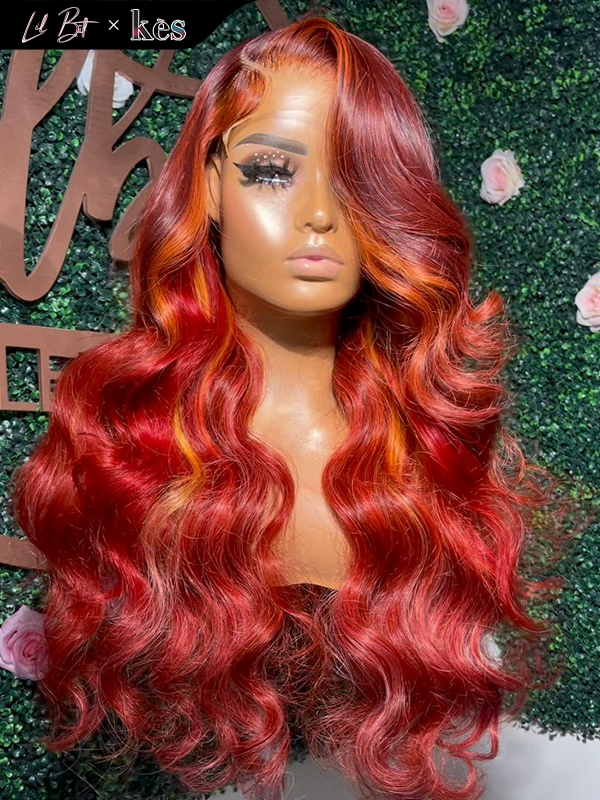 Kes x lilbit_collections 24 inch 5x5  Glueless human hair HD lace closure wigs 200% density body wave wigs 99j and orange highlight color