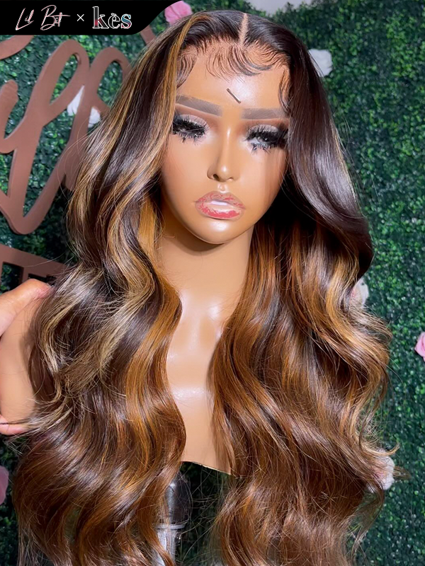 Kes x lilbit_collections 24 inch 5x5  Glueless human hair HD lace closure wigs 200% density body wave wigs brown highlight color