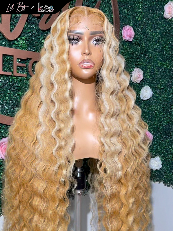 Kes x lilbit_collections 28 inch 5x5  Glueless human hair HD lace closure wigs 200% density loose wave wigs 27# and blonde highlight color