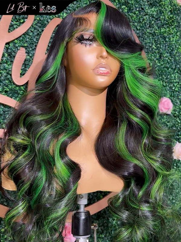 Kes x lilbit_collections 24 inch 5x5  Glueless human hair HD lace closure wigs 200% density body wave wigs green highlight color