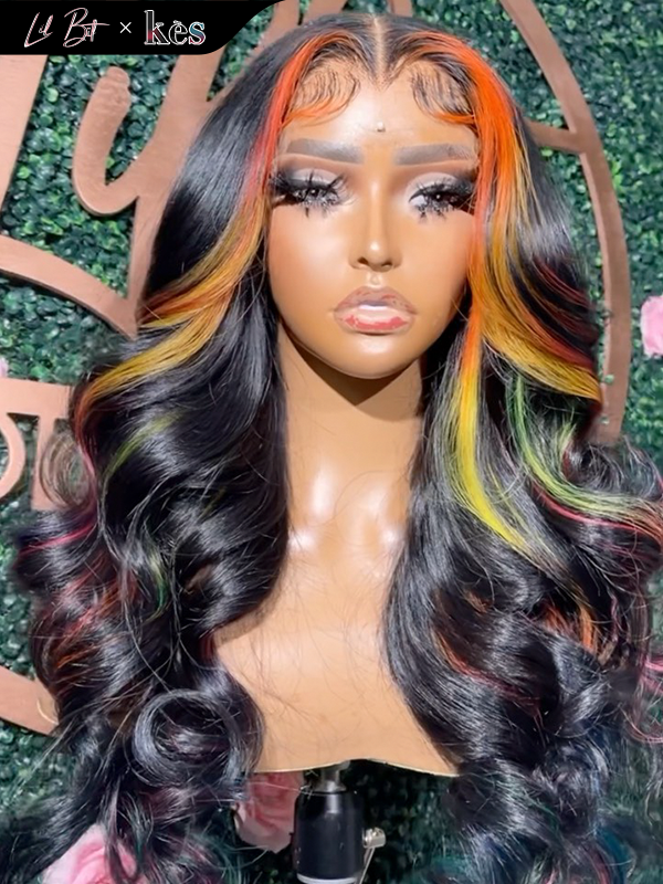 Kes x lilbit_collections 22 inch 5x5  Glueless human hair HD lace closure wigs 200% density body wave wigs orange and green highlight color