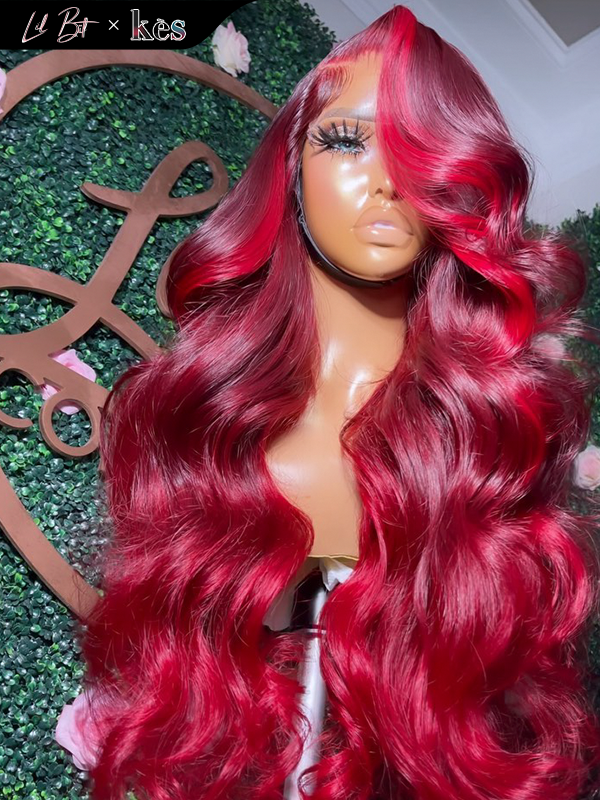 Kes x lilbit_collections 26 inch 5x5  Glueless human hair HD lace closure wigs 200% density body wave wigs 99j and red highlight color