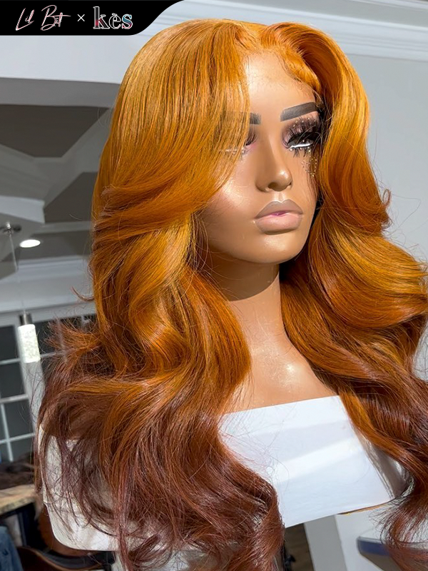 Kes x lilbit_collections 22 inch 5x5  Glueless human hair HD lace closure wigs 200% density body wave wigs orange and brown ombre color