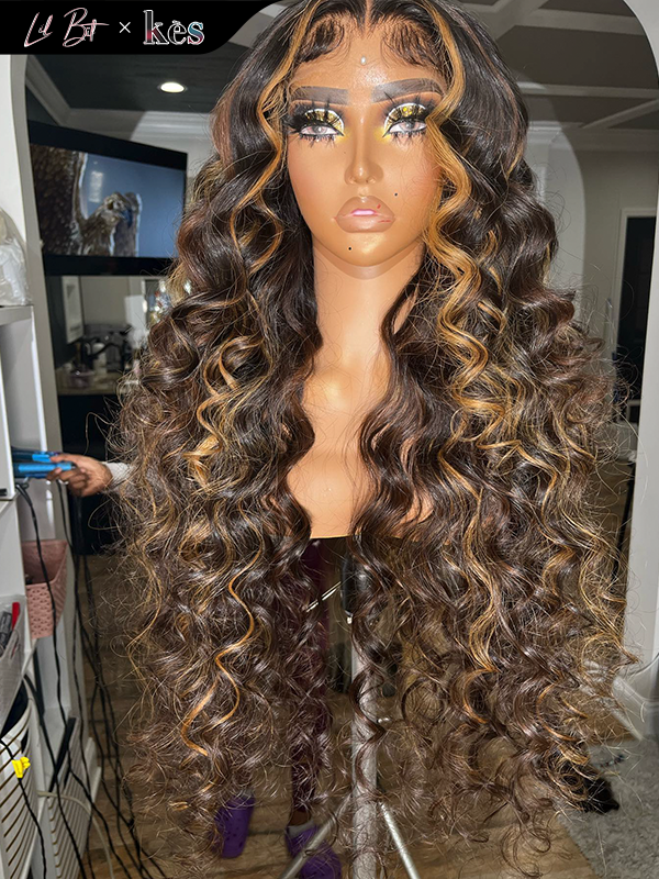 Kes x lilbit_collections 26 inch 5x5  Glueless human hair HD lace closure wigs 200% density loose wave wigs black and 27#  color