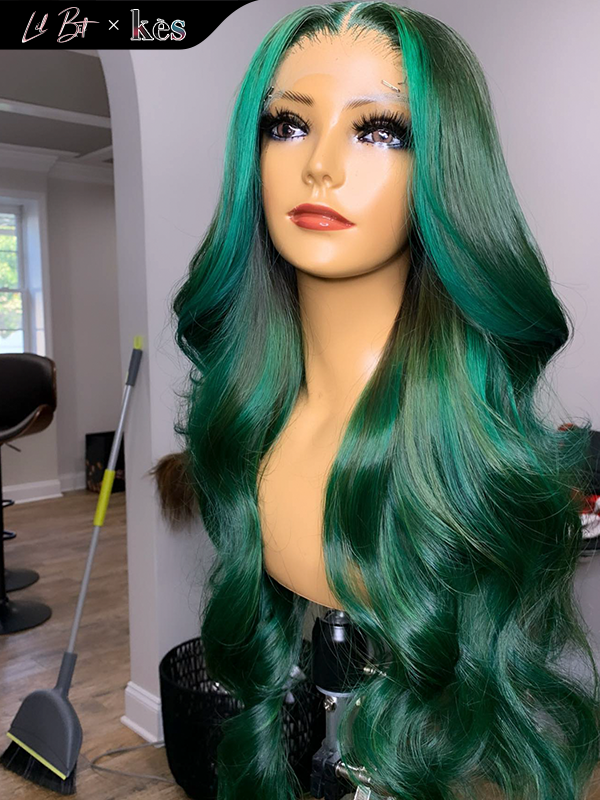 Kes x lilbit_collections 24 inch 5x5  Glueless human hair HD lace closure wigs 200% density body wave wigs green color