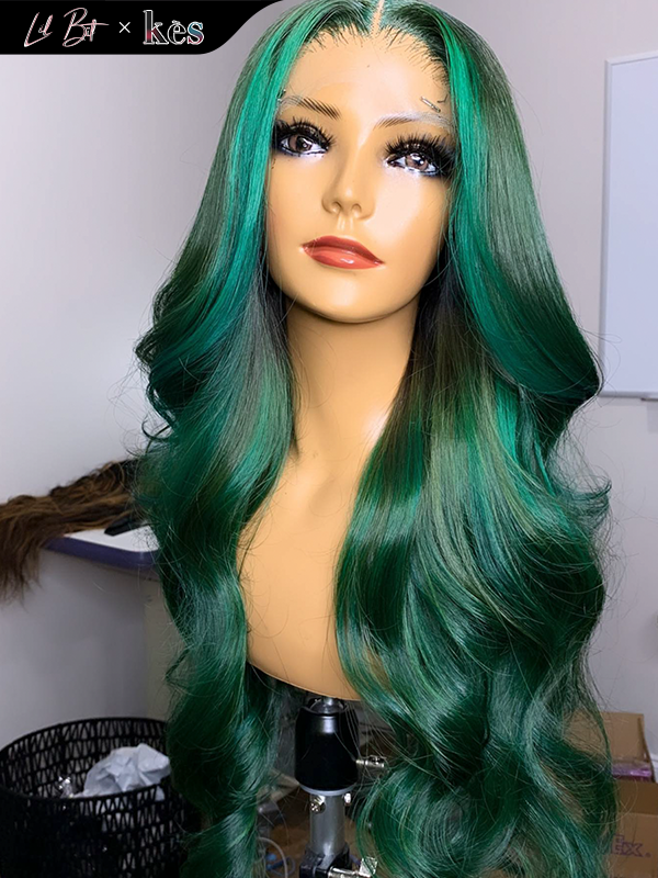 Kes x lilbit_collections 24 inch 5x5  Glueless human hair HD lace closure wigs 200% density body wave wigs green color