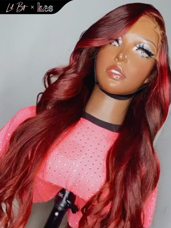 Kes x lilbit_collections 24 inch 5x5  Glueless human hair HD lace closure wigs 200% density body wave wigs 99j and red highlight color