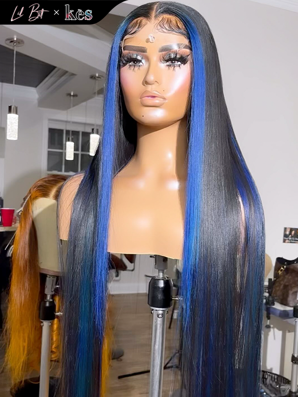Kes x lilbit_collections 24 inch 5x5  Glueless human hair HD lace closure wigs 200% density straight wigs blue highlight color