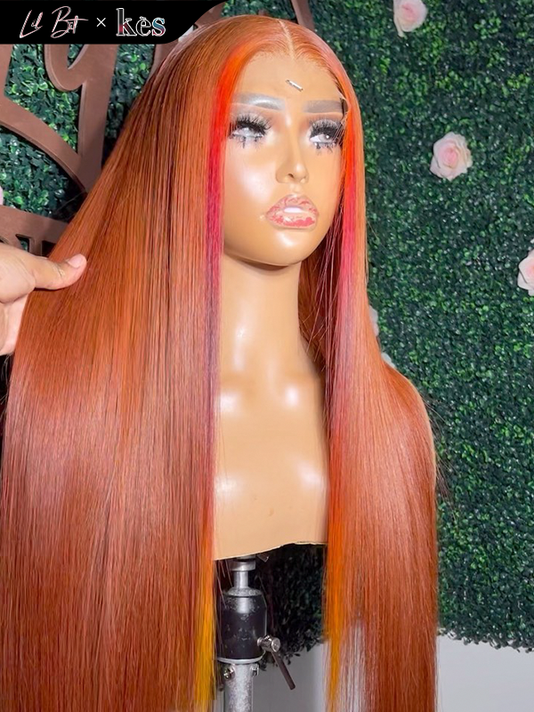 Kes x lilbit_collections 24 inch 5x5  Glueless human hair HD lace closure wigs 200% density straight wigs orange and red highlight color