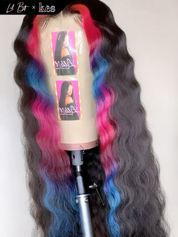 Kes x lilbit_collections 26 inch 5x5  Glueless human hair HD lace closure wigs 200% density loose wave wigs blue and red highlight color