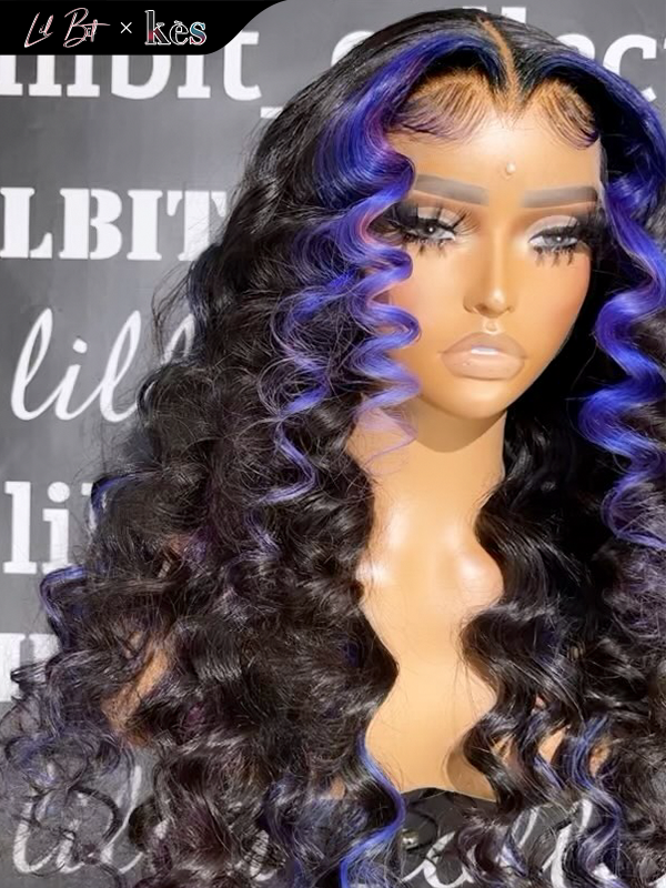 Kes x lilbit_collections 22 inch 5x5  Glueless human hair HD lace closure wigs 200% density loose wave wigs purple highlight color