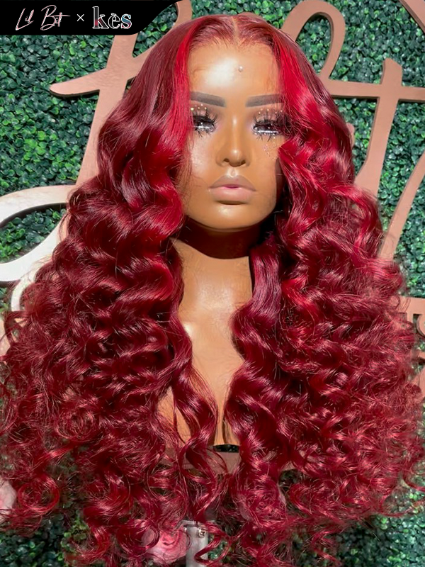 Kes x lilbit_collections 22 inch 5x5  Glueless human hair HD lace closure wigs 200% density loose wave wigs 99j and red highlight color