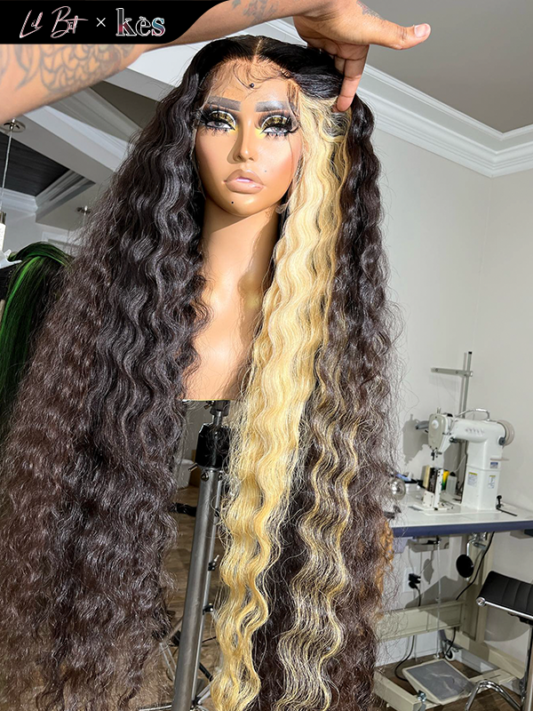 Kes x lilbit_collections 30 inch 5x5  Glueless human hair HD lace closure wigs 200% density curly wave wigs blonde highlight color