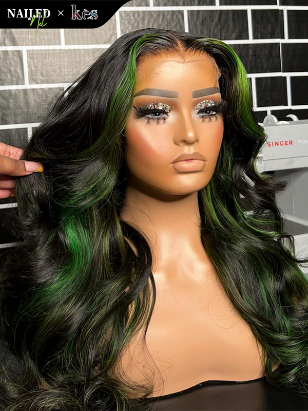 Kes x nailedby.nel 22 inch 5x5 Glueless human hair HD lace closure wigs 200% density body wave wigs  green highlight color