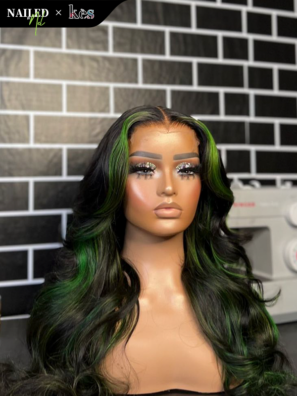 Kes x nailedby.nel 22 inch 5x5 Glueless human hair HD lace closure wigs 200% density body wave wigs  green highlight color