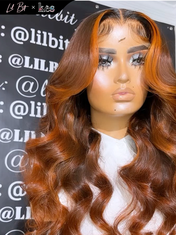 Kes x lilbit_collections 24 inch 5x5  Glueless human hair HD lace closure wigs 200% density body wave wigs brown and orange highlight color