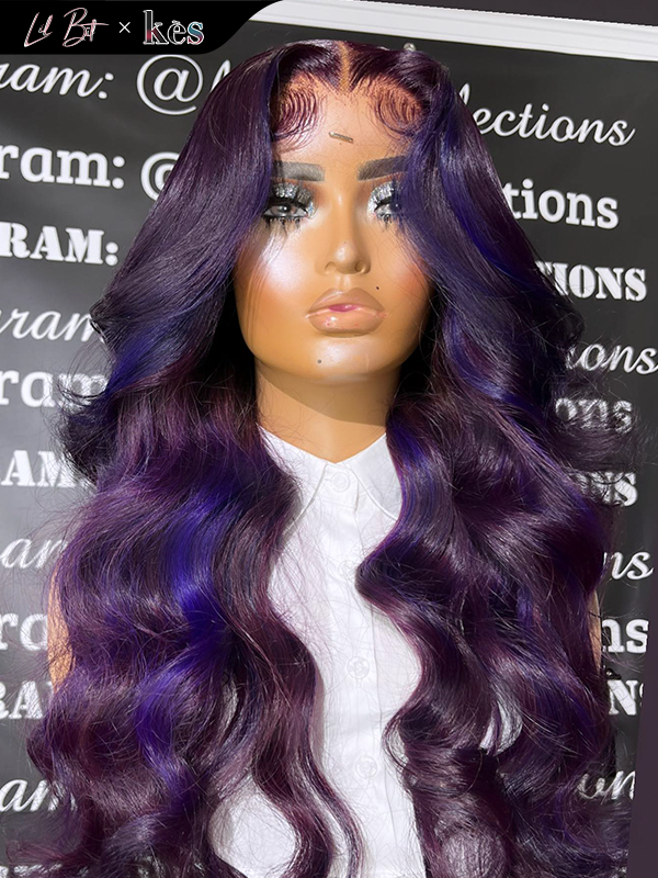 Kes x lilbit_collections 24 inch 5x5  Glueless human hair HD lace closure wigs 200% density body wave wigs purple highlight color