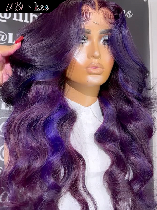 Kes x lilbit_collections 24 inch 5x5  Glueless human hair HD lace closure wigs 200% density body wave wigs purple highlight color