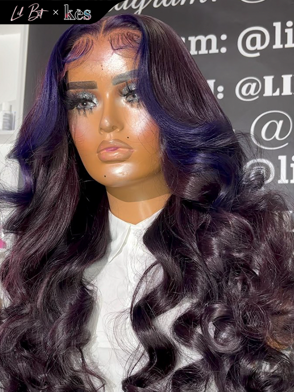 Kes x lilbit_collections 26 inch 5x5  Glueless human hair HD lace closure wigs 200% density body wave wigs purple highlight color
