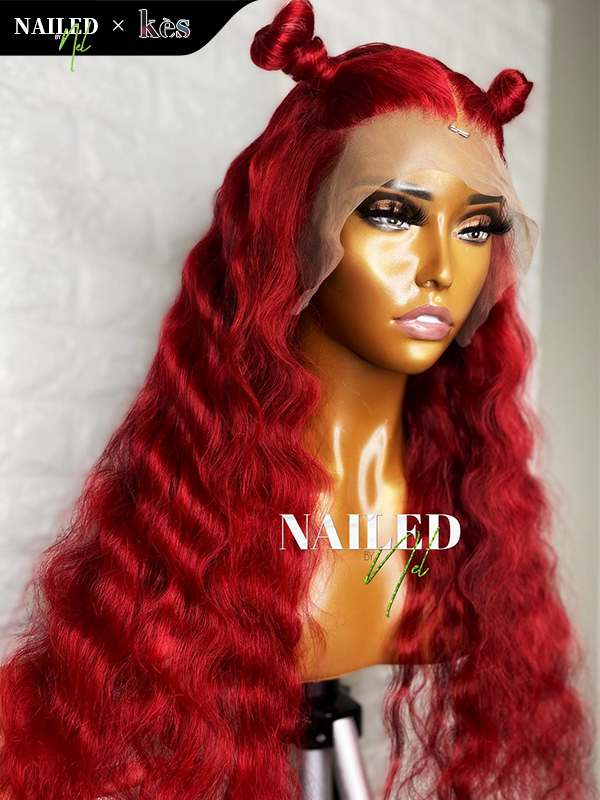 Kes x nailedby.nel 24 inch 5x5 Glueless human hair HD lace closure wigs 200% density loose wave wigs red color