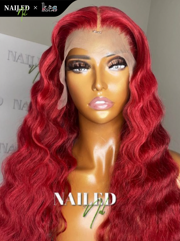 Kes x nailedby.nel 24 inch 5x5 Glueless human hair HD lace closure wigs 200% density deep wave wigs  red color