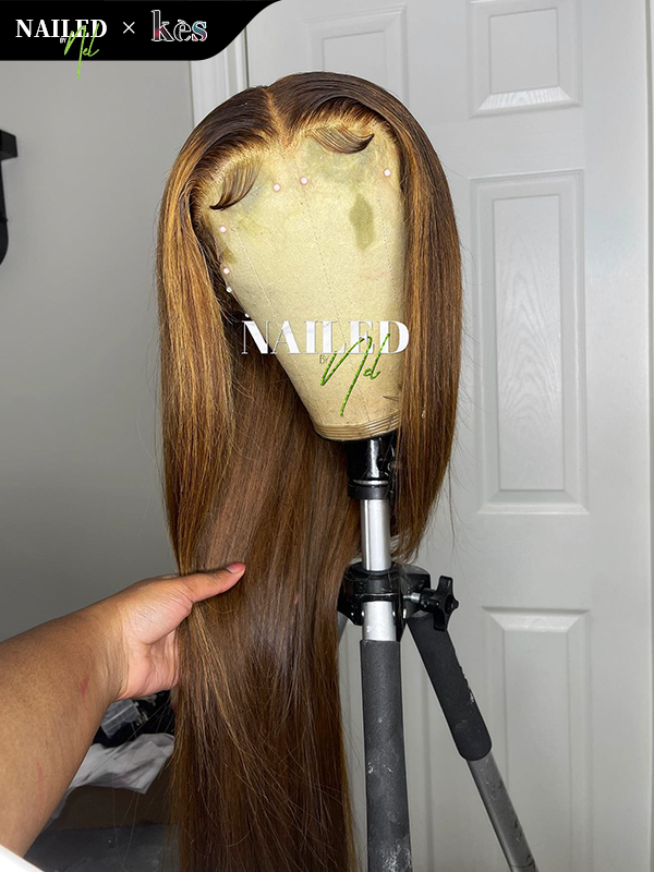 Kes x nailedby.nel 24 inch 5x5 Glueless human hair HD lace closure wigs 200% density straight wigs  brown and 27# color