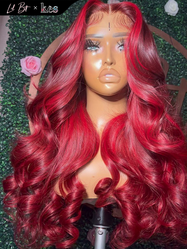 Kes x lilbit_collections 28 inch 5x5  Glueless human hair HD lace closure wigs 200% density body wave wigs 99j and red highlight color