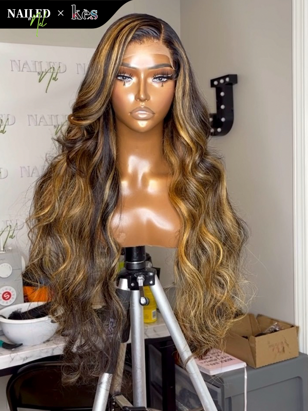 Kes x nailedby.nel 26 inch 5x5 Glueless human hair HD lace closure wigs 200% density body wave wigs  27# highlight color