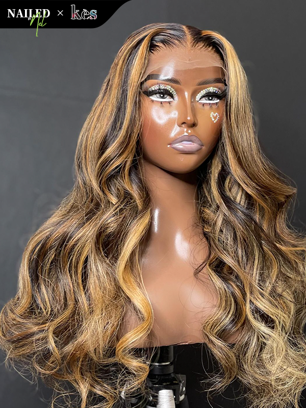 Kes x nailedby.nel 22 inch 5x5 Glueless human hair HD lace closure wigs 200% density body wave wigs  27# highlight color