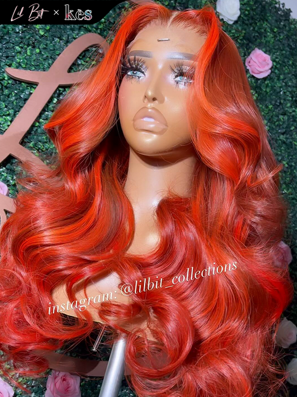 Kes x lilbit_collections 24 inch 5x5  Glueless human hair HD lace closure wigs 200% density body wave wigs orange and red highlight color