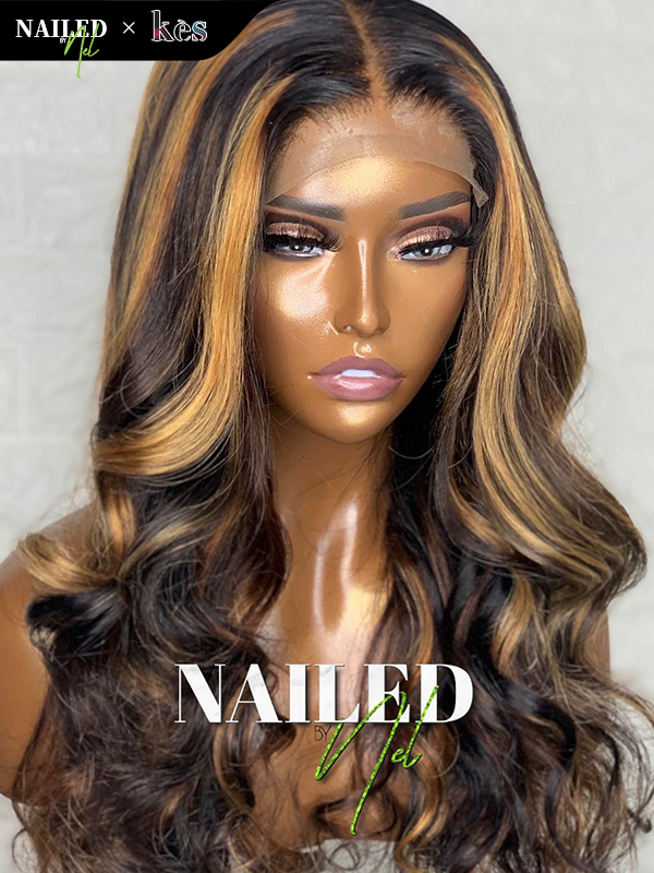 Kes x nailedby.nel 22 inch 5x5 Glueless human hair HD lace closure wigs 200% density body wave wigs  27# highlight