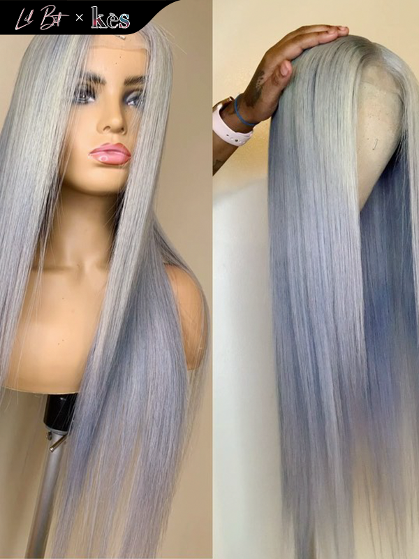 Kes x lilbit_collections 24 inch 5x5  Glueless human hair HD lace closure wigs 200% density straight wigs white and blue ombre color