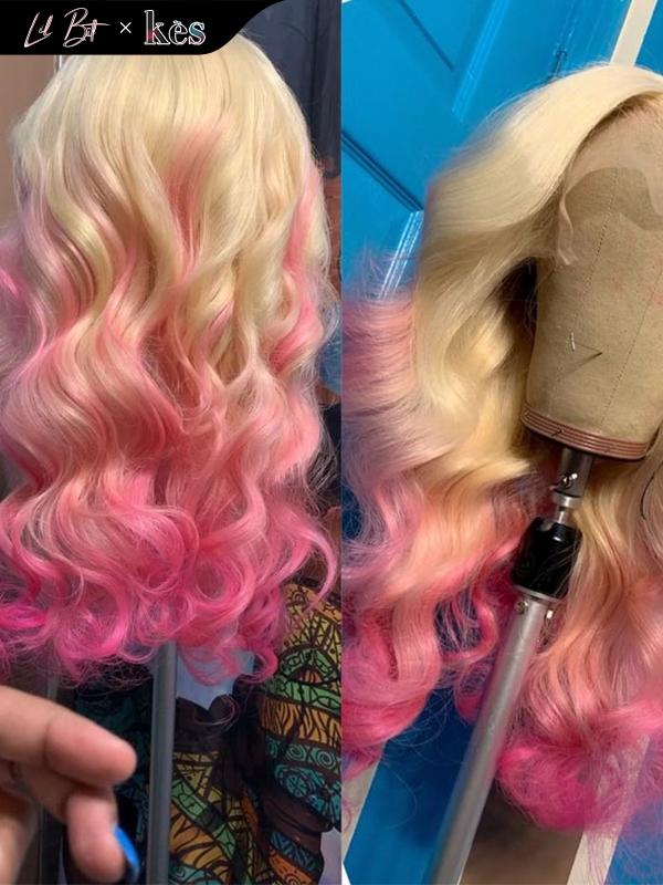 Kes x lilbit_collections 20 inch 5x5  Glueless human hair HD lace closure wigs 200% density body wave wigs blonde and pink ombre color