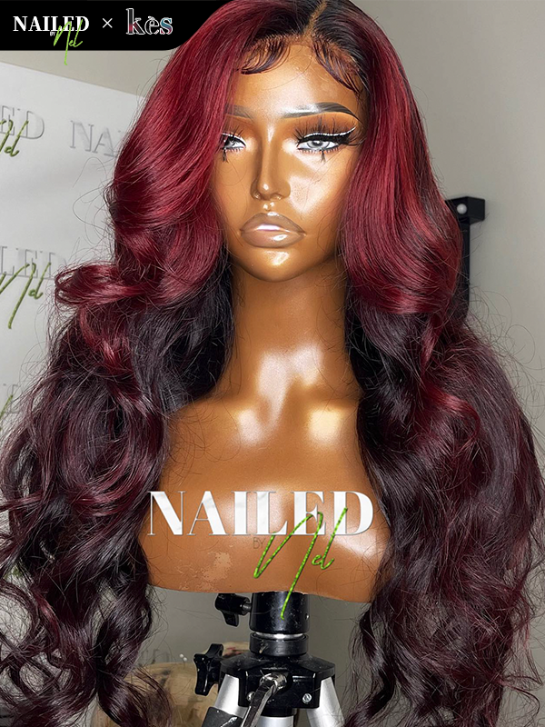 Kes x nailedby.nel 24 inch 5x5 Glueless human hair HD lace closure wigs 200% density body wave wigs  black and red ombre