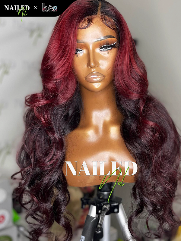 Kes x nailedby.nel 24 inch 5x5 Glueless human hair HD lace closure wigs 200% density body wave wigs  black and red ombre