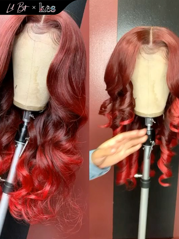 Kes x lilbit_collections 20 inch 5x5  Glueless human hair HD lace closure wigs 200% density body wave wigs 99j and red ombre color