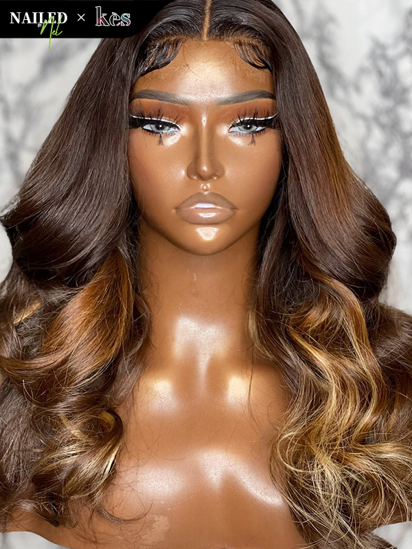Kes x nailedby.nel 20 inch 5x5 Glueless human hair HD lace closure wigs 200% density body wave wigs  brown and 27# highlight color