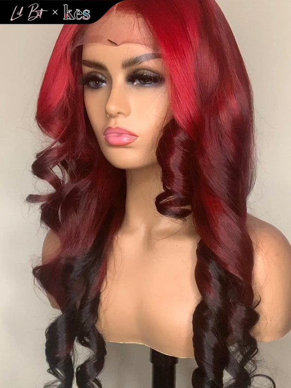 Kes x lilbit_collections 24 inch 5x5  Glueless human hair HD lace closure wigs 200% density body wave wigs black and red ombre color