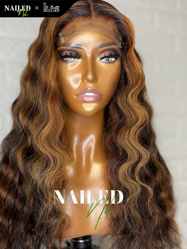 Kes x nailedby.nel 22 inch 5x5 Glueless human hair HD lace closure wigs 200% density loose wave wigs  black and brown highlight color