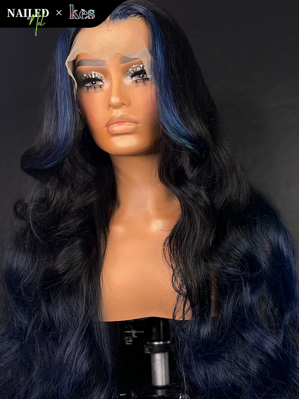 Kes x nailedby.nel 26 inch 5x5 Glueless human hair HD lace closure wigs 200% density body wave wigs  blue and black ombre color