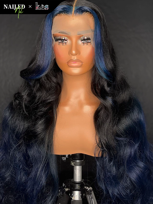 Kes x nailedby.nel 26 inch 5x5 Glueless human hair HD lace closure wigs 200% density body wave wigs  blue and black ombre color