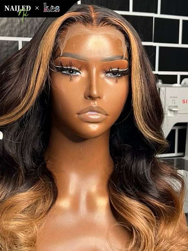 Kes x nailedby.nel 18 inch 5x5 Glueless human hair HD lace closure wigs 200% density body wave wigs  27# and black ombre