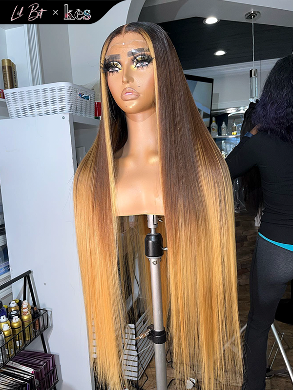 Kes x lilbit_collections 26 inch 5x5  Glueless human hair HD lace closure wigs 200% density straight wigs 27# ombre color