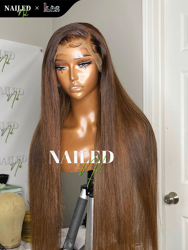Kes x nailedby.nel 26 inch 5x5 Glueless human hair HD lace closure wigs 200% density straight wigs brown color